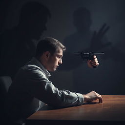 A man sitting at a table, viewed from the side, with a frustrated expression as he holds a revolver pointed at his head, about to pull the trigger