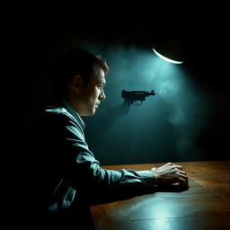 A man sitting at a table, viewed from the side, with a frustrated expression as he holds a revolver pointed at his head, about to pull the trigger