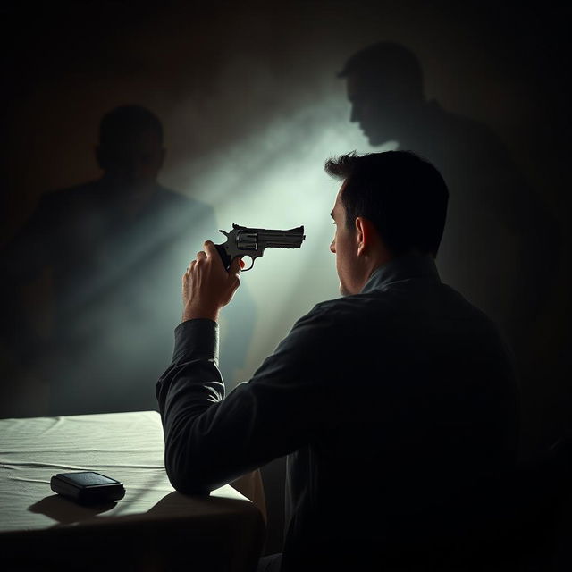 A man sitting at a table, viewed from the side, with a frustrated expression as he holds a revolver pointed at his head, about to pull the trigger