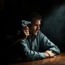 A man sitting at a table, viewed from the side, with a frustrated expression as he holds a revolver pointed at his head, about to pull the trigger