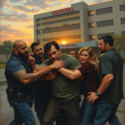 A dramatic scene set outside a hospital with a large, modern building in the background