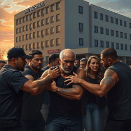 A dramatic scene set outside a hospital with a large, modern building in the background