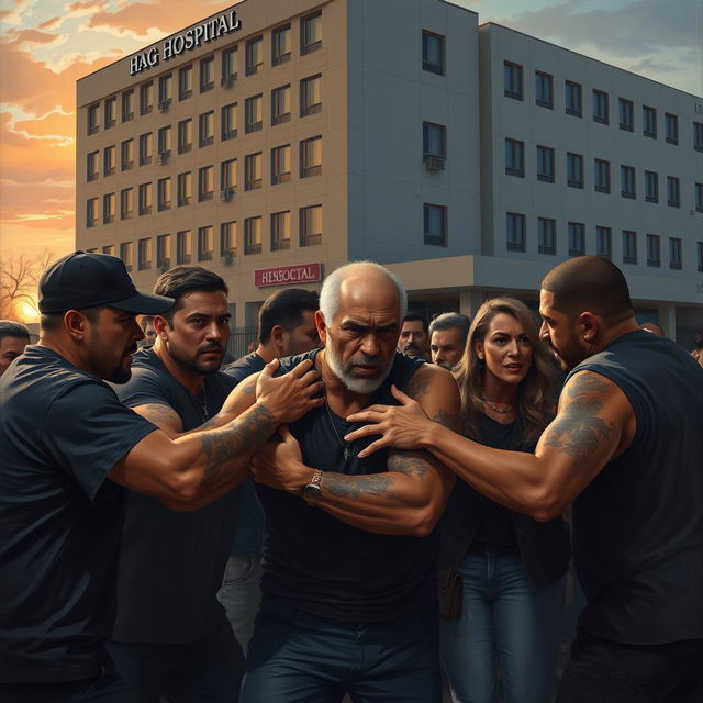 A dramatic scene set outside a hospital with a large, modern building in the background