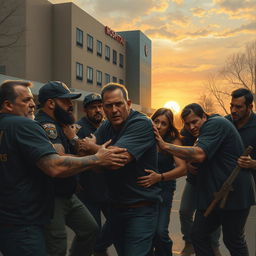 A dramatic scene set outside a hospital with a large, modern building in the background