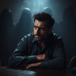 A frustrated man sitting sideways at a table, deep in thought