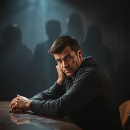 A frustrated man sitting sideways at a table, deep in thought