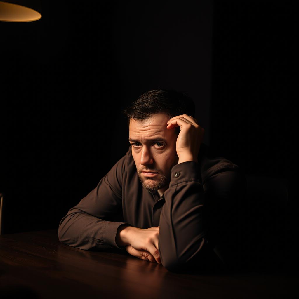 A frustrated man sitting sideways at a table, deep in thought