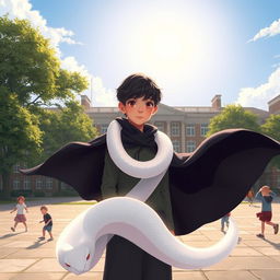 A tranquil young boy of about 12 years old with dark hair, wearing a flowing dark cloak that gently ripples in the wind