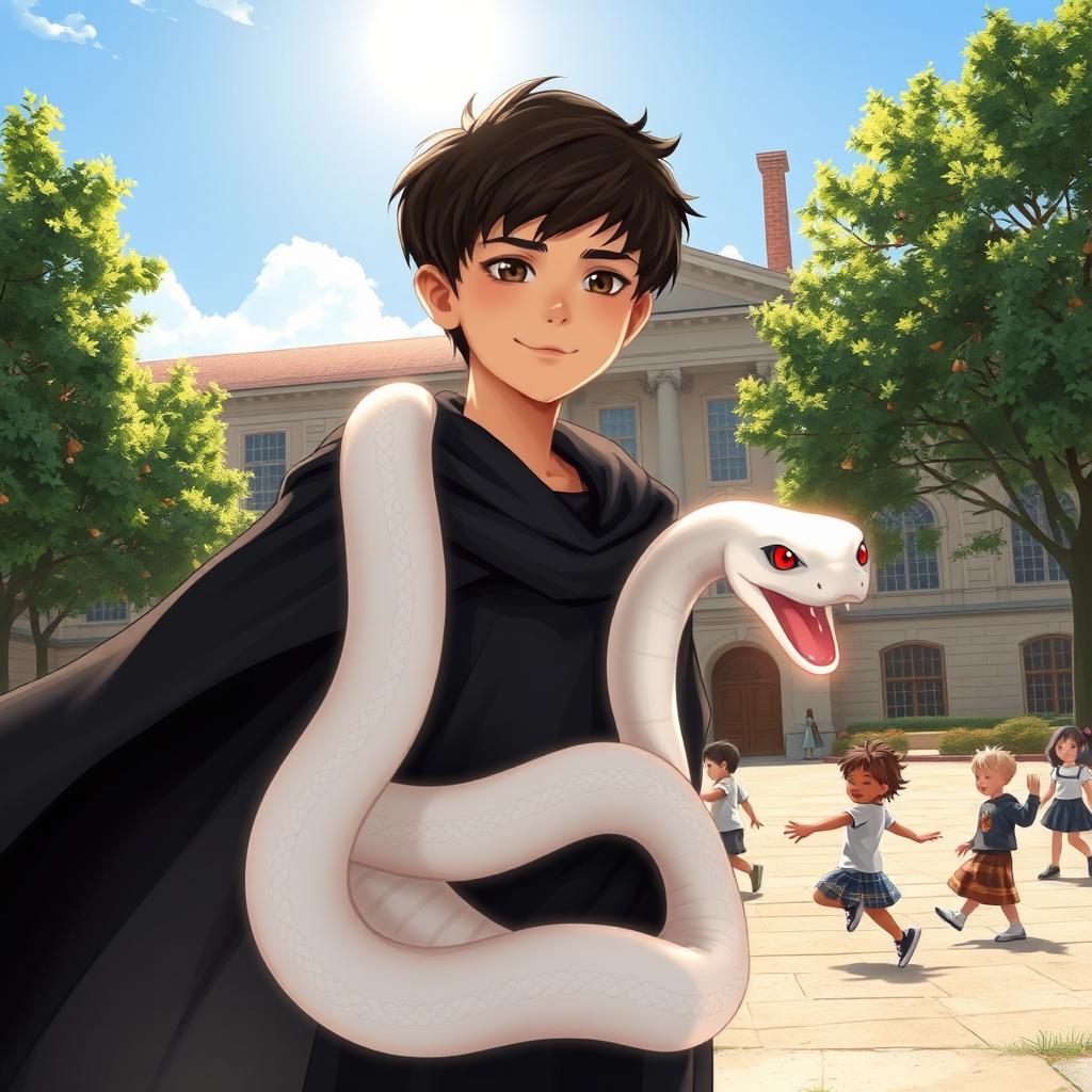 A tranquil young boy of about 12 years old with dark hair, wearing a flowing dark cloak that gently ripples in the wind
