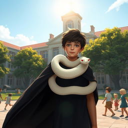 A tranquil young boy of about 12 years old with dark hair, wearing a flowing dark cloak that gently ripples in the wind