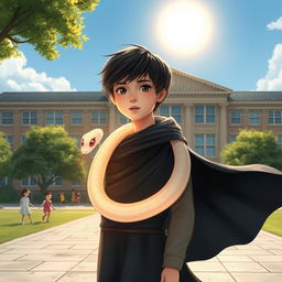 A tranquil young boy of about 12 years old with dark hair, wearing a flowing dark cloak that gently ripples in the wind