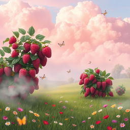 A whimsical, dreamy landscape filled with raspberry bushes under a soft pastel sky