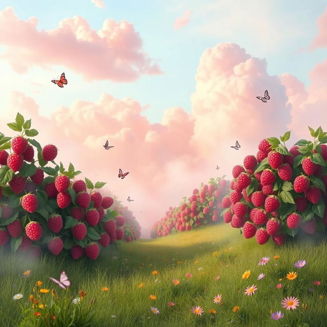 A whimsical, dreamy landscape filled with raspberry bushes under a soft pastel sky