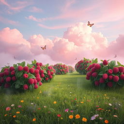 A whimsical, dreamy landscape filled with raspberry bushes under a soft pastel sky