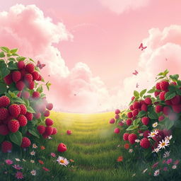 A whimsical, dreamy landscape filled with raspberry bushes under a soft pastel sky