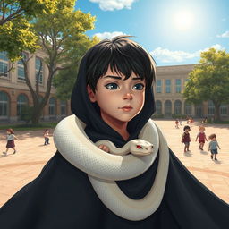 A tranquil young boy of about 12 years old with dark hair and a calm expression, wearing a gently flowing dark cloak that billows softly in the wind
