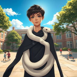 A tranquil young boy of about 12 years old with dark hair and a calm expression, wearing a gently flowing dark cloak that billows softly in the wind