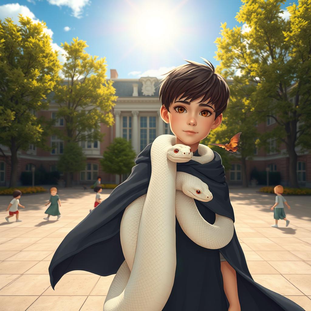 A tranquil young boy of about 12 years old with dark hair and a calm expression, wearing a gently flowing dark cloak that billows softly in the wind