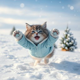 A lively blue and white Munchkin cat appearing in a snowy landscape, with a round muzzle and a middle-parted fur hairstyle, displaying a joyful and playful expression
