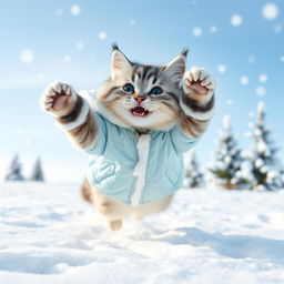 A lively blue and white Munchkin cat appearing in a snowy landscape, with a round muzzle and a middle-parted fur hairstyle, displaying a joyful and playful expression