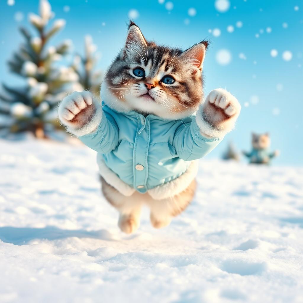 A lively blue and white Munchkin cat appearing in a snowy landscape, with a round muzzle and a middle-parted fur hairstyle, displaying a joyful and playful expression