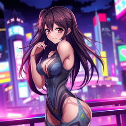 A hot anime girl wearing a sleek, form-fitting bodysuit, showcasing her curves