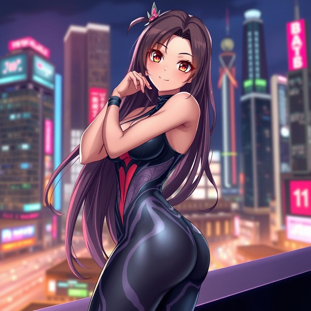 A hot anime girl wearing a sleek, form-fitting bodysuit, showcasing her curves