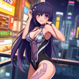 A hot anime girl wearing a sleek, form-fitting bodysuit, showcasing her curves