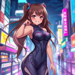 A hot anime girl wearing a sleek, form-fitting bodysuit, showcasing her curves