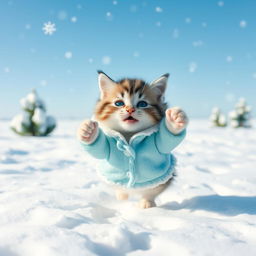 A lively blue and white Munchkin cat appearing in a snowy field, featuring a round muzzle and a middle-parted fur hairstyle, showcasing a cheerful and playful expression