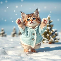 A lively blue and white Munchkin cat appearing in a snowy field, featuring a round muzzle and a middle-parted fur hairstyle, showcasing a cheerful and playful expression