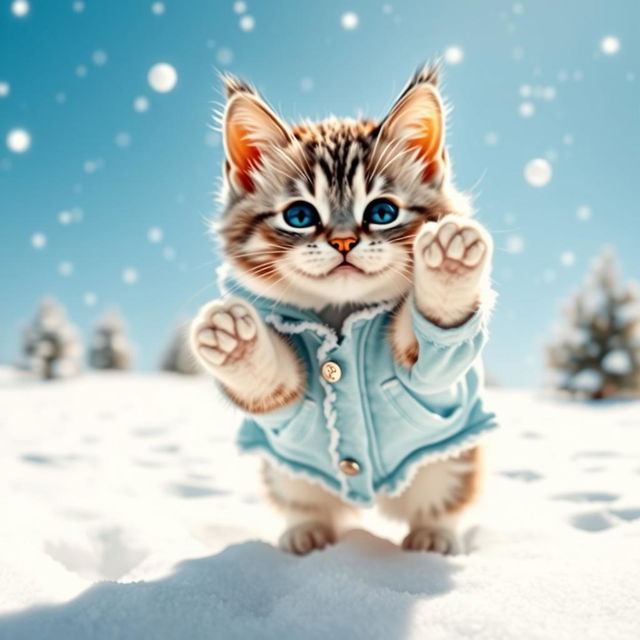 A lively blue and white Munchkin cat appearing in a snowy field, featuring a round muzzle and a middle-parted fur hairstyle, showcasing a cheerful and playful expression