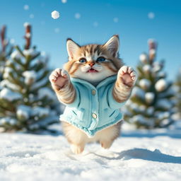 A lively blue and white Munchkin cat appearing in a snowy field, featuring a round muzzle and a middle-parted fur hairstyle, showcasing a cheerful and playful expression