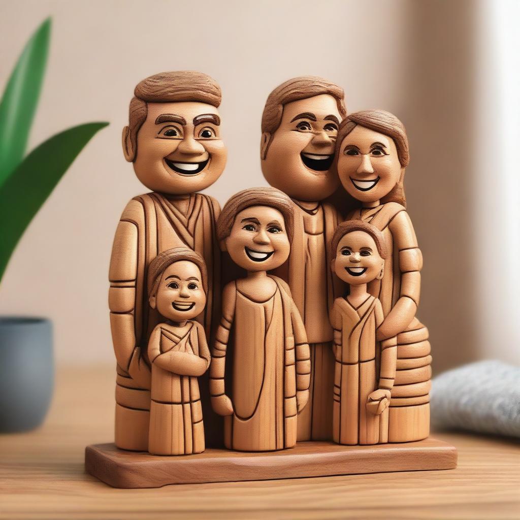 A high-quality digital art piece showcasing a cheerful, smiling family, intricately sculpted out of wood