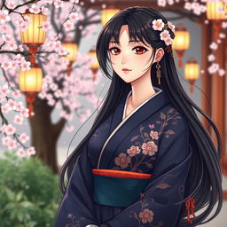 An illustration in manhwa style featuring a beautiful Asian Japanese woman dressed in an elegant dark blue kimono