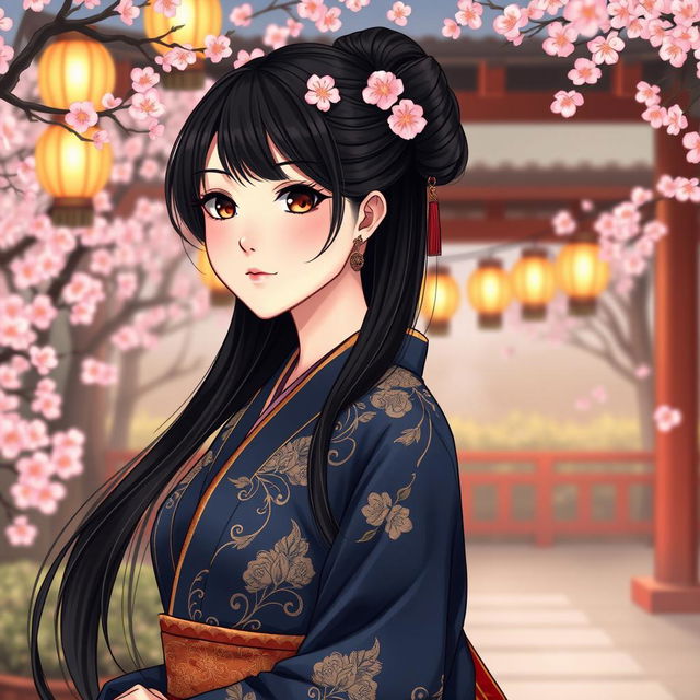 An illustration in manhwa style featuring a beautiful Asian Japanese woman dressed in an elegant dark blue kimono