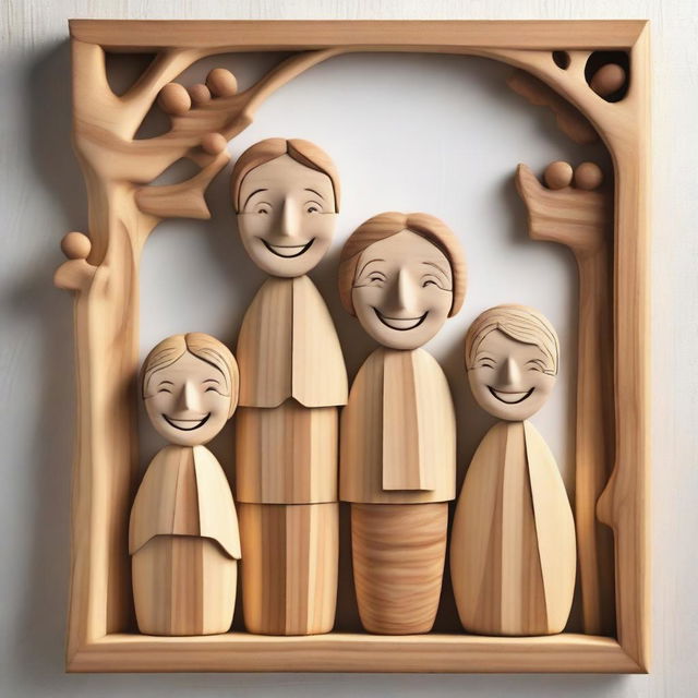 A high-quality digital art piece showcasing a cheerful, smiling family, intricately sculpted out of wood