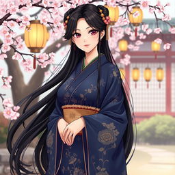 An illustration in manhwa style featuring a beautiful Asian Japanese woman dressed in an elegant dark blue kimono