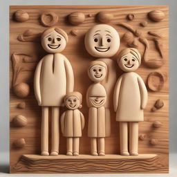 A high-quality digital art piece showcasing a cheerful, smiling family, intricately sculpted out of wood