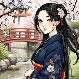 A beautifully drawn illustration in manhwa style featuring an Asian Japanese woman wearing a dark blue kimono
