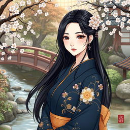 A beautifully drawn illustration in manhwa style featuring an Asian Japanese woman wearing a dark blue kimono