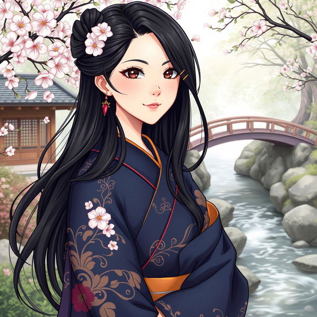 A beautifully drawn illustration in manhwa style featuring an Asian Japanese woman wearing a dark blue kimono