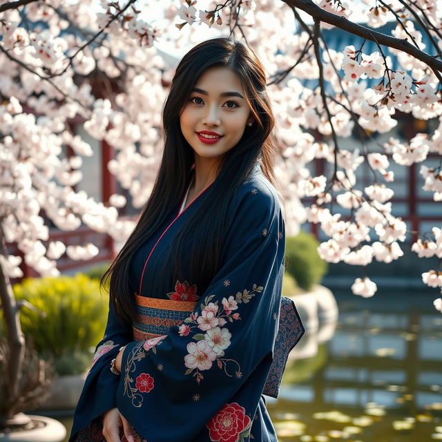 A beautiful Asian Japanese woman elegantly adorned in a dark blue kimono, designed with intricate floral patterns and delicate textures