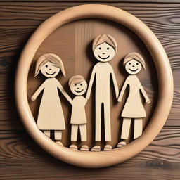 A high-quality digital art piece showcasing a cheerful, smiling family, intricately sculpted out of wood