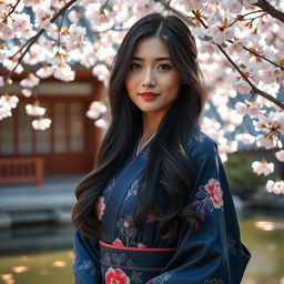 A beautiful Asian Japanese woman elegantly adorned in a dark blue kimono, designed with intricate floral patterns and delicate textures