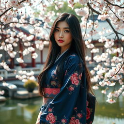 A beautiful Asian Japanese woman elegantly adorned in a dark blue kimono, designed with intricate floral patterns and delicate textures