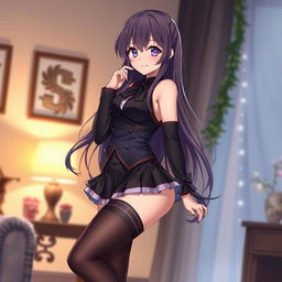 A stunning anime girl wearing a stylish outfit that includes elegant, thigh-high stockings
