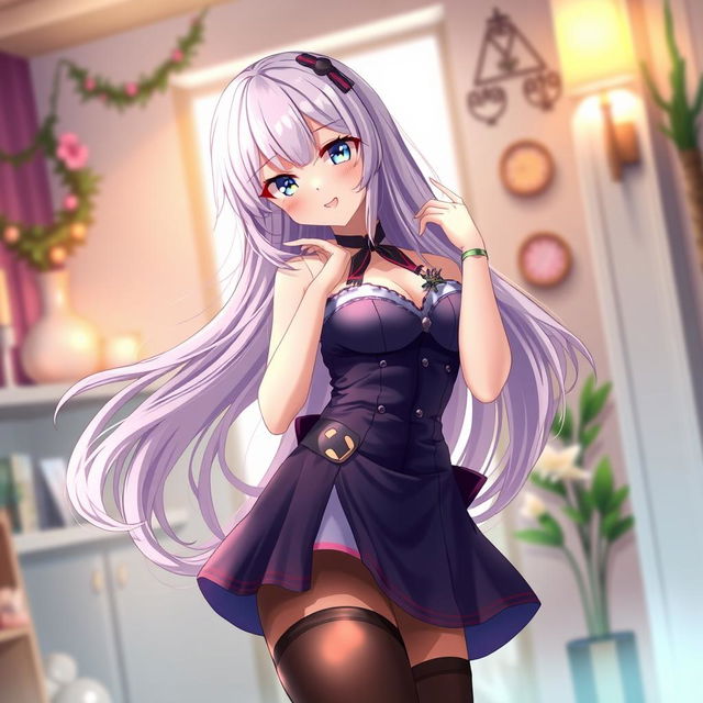 A stunning anime girl wearing a stylish outfit that includes elegant, thigh-high stockings