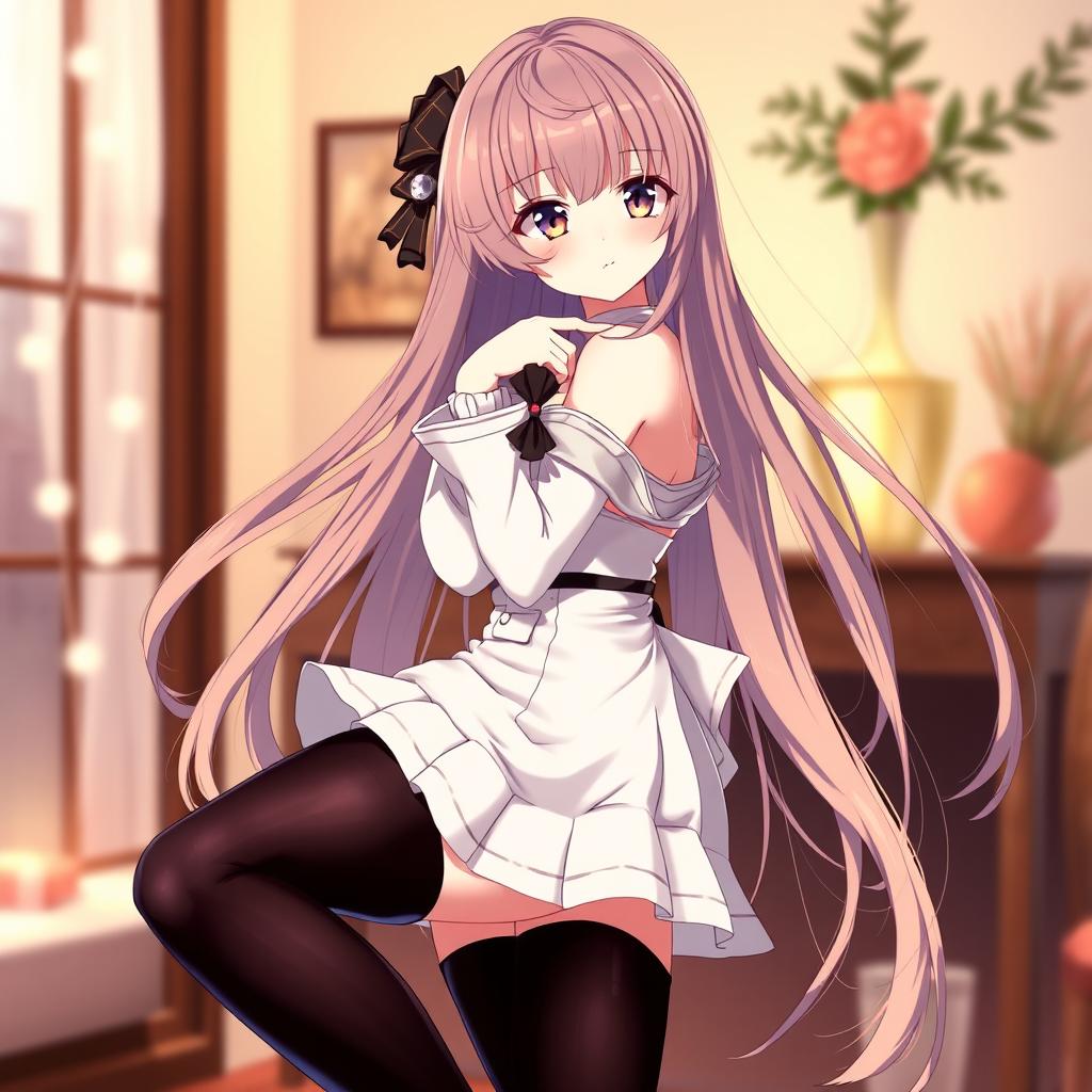 A stunning anime girl wearing a stylish outfit that includes elegant, thigh-high stockings