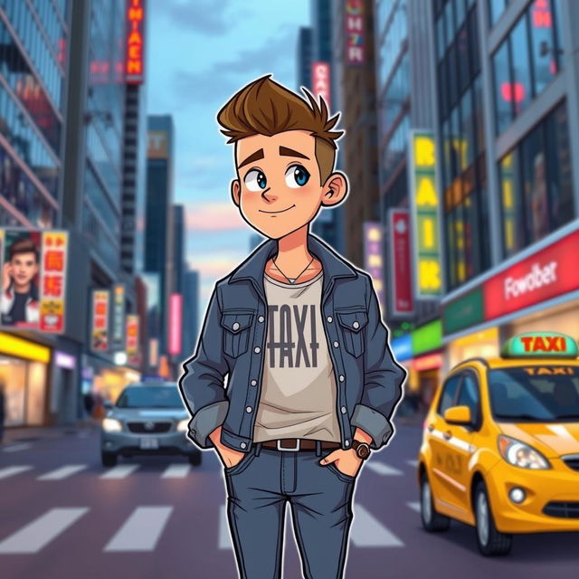 A stylish webtoon boy standing on a bustling city street, waiting for a taxi